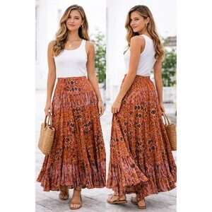 SANDY STARKMAN Ikat Southwestern Boho Tiered Maxi Full Skirt Rayon Orange Sz S